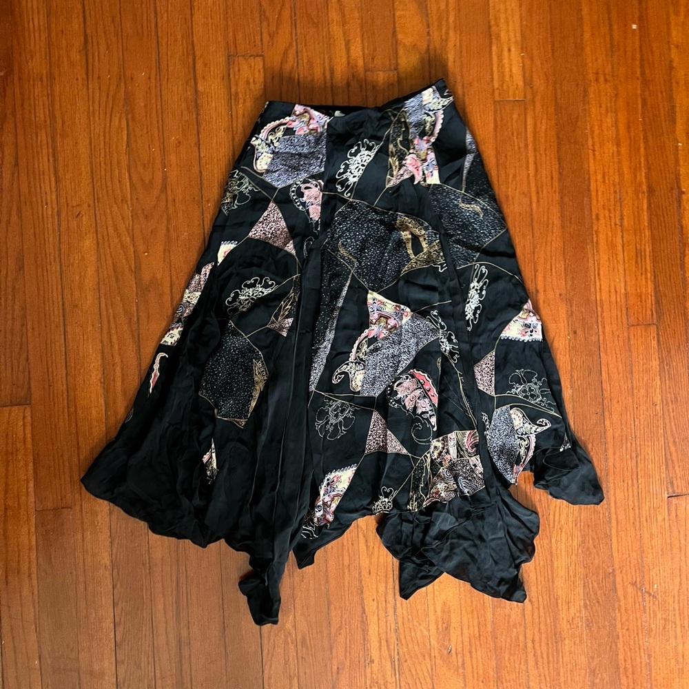 EUC Dark Boho Handkerchief Skirt with Abstract Floral Pattern